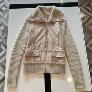 Zip Front Beige Faux Suede and Fur Size M Cozy Warm Sweater